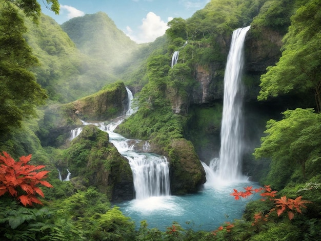 Cascading Beauty Breathtaking Waterfall Amidst a Luxuriant Forest Crafted with AI Precision