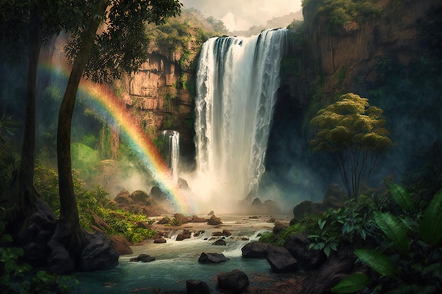 Cascading falls surrounded by lush greenery and misty rainbows