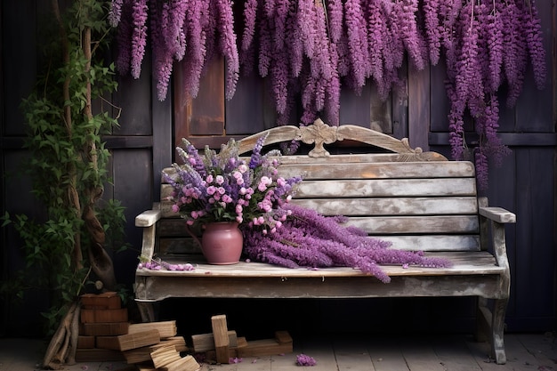 Cascading lavender by a weathered garden bench