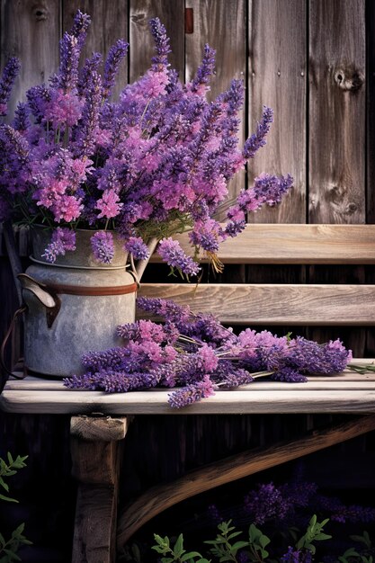 Cascading lavender by a weathered garden bench