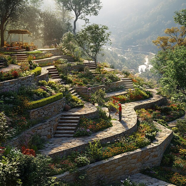 Cascading Terraced Garden on a Steep Hillside