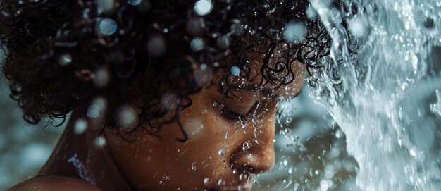 Cascading water flows over curls the essence of rejuvenation captured in a moment of pure bliss