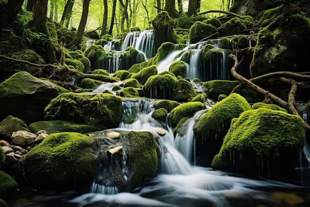 Cascading water over mossy stones in a forest stream