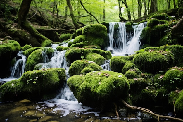 Cascading water over mossy stones in a forest stream