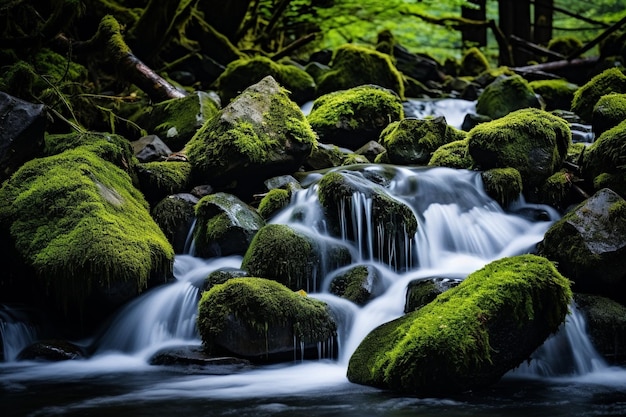 Cascading water over mossy stones in a forest stream