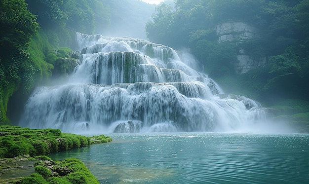 Photo cascading waterfall in a lush green environment