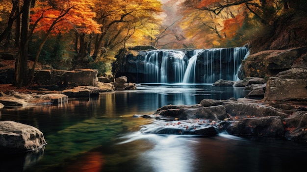 cascading waterfall surrounded by autumnal hues