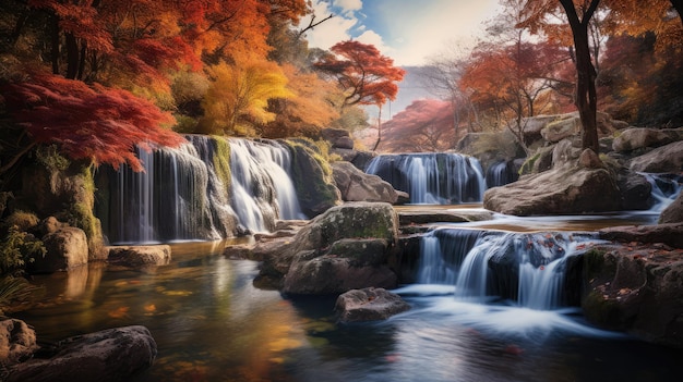 cascading waterfall surrounded by autumnal hues