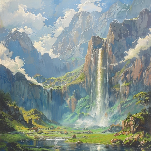 A cascading waterfall surrounded by towering mountain peaks