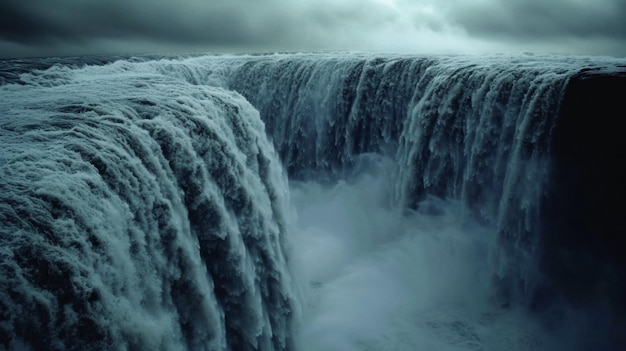 A cascading waterfall transforms into a veil of mist