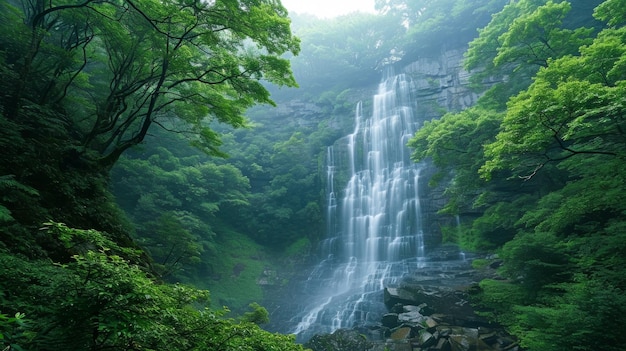 A cascading waterfall transforms into a veil of mist