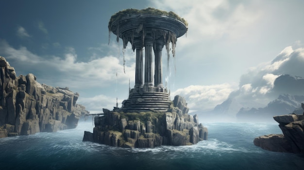 Cascading waterfalls flow around Doric column on floating island