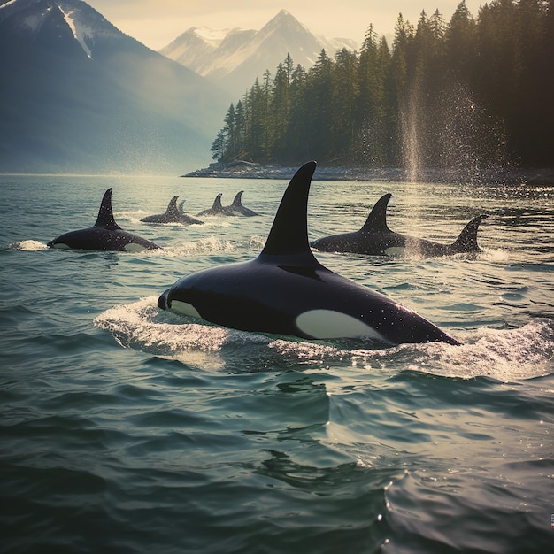 A case of orcas moving through the water in search of food