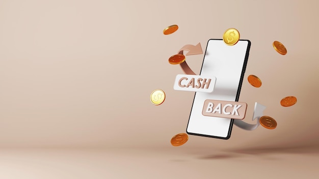 Cash back service Smartphone with gold coins Concept of money back and digital payment 3D rendering