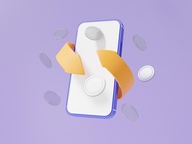 Cashback arrow transaction concept Online payments coin floating on smartphone pay money refund via app Internet banking on purple background minimal cartoon 3d render illustration