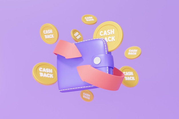 Cashback arrow in wallet icon concept floating with coin money refund finance shopping online payments exchange on isolated purple background minimal cartoon banner 3d render illustration