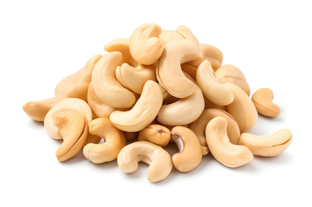 Cashew nuts heap isolated on white background top view