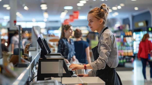 Photo a cashier assisting customers at the checkout counter in a retail store