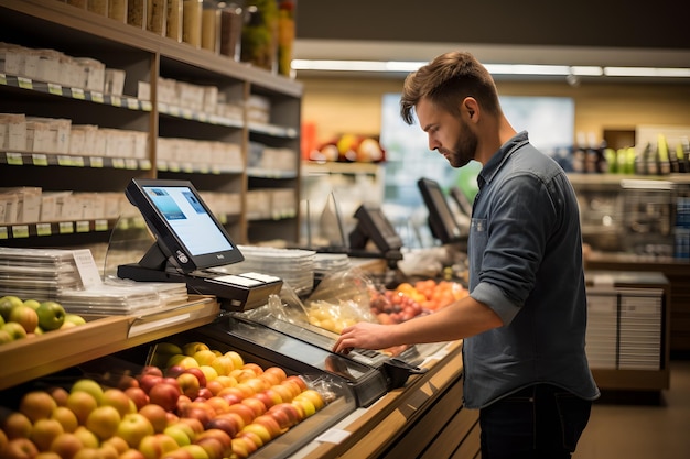 A cashier scanning items at a checkout counter