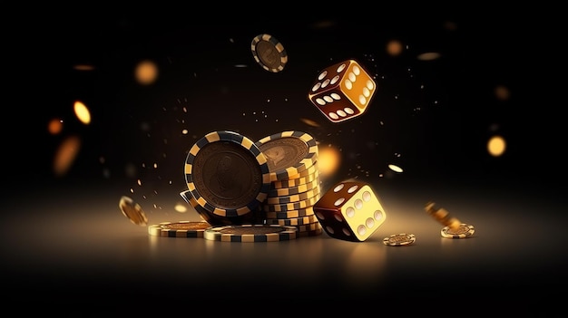 Casino background with flying chips golden coins and dice Generative AI