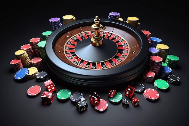 Casino chips cubes roulette drum on dark black background 3d rende