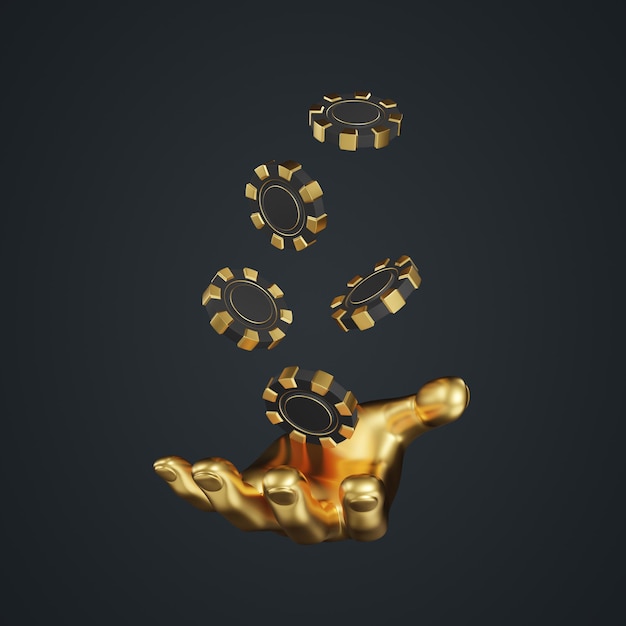 Casino chips and golden hand on a black background Poker blackjack baccarat game concept 3D render