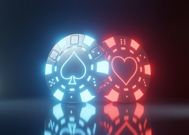 Casino Chips with glowing neon red and blue lights hearts and spades symbol on black background 3D