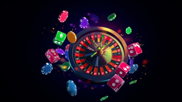 Casino element isolation on the colorful Slot machine Roulette while Dice Casino chip