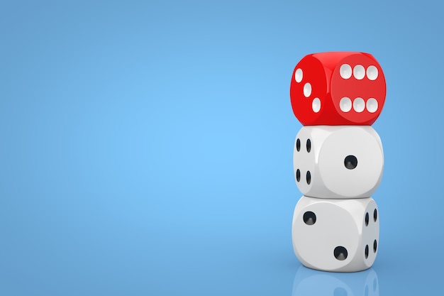 Photo casino gambling concept. stack of white game dice cubes with red one on a blue background. 3d rendering