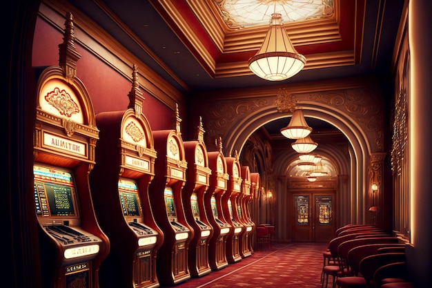 Casino hall with standing rows of casino slot machine