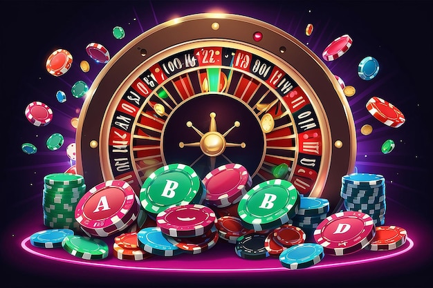 Casino illustration with roulette wheel playing chip