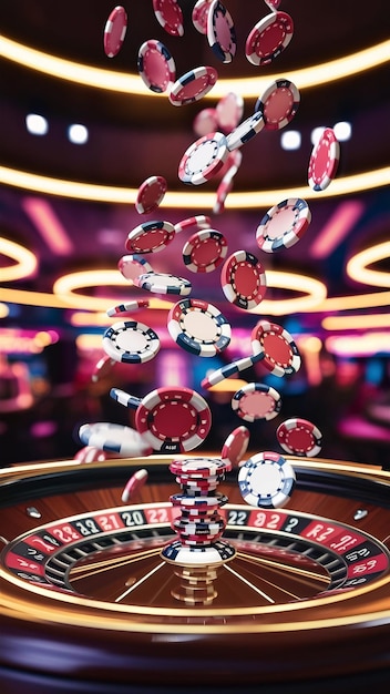 Casino neon background with roulette and poker chips falling premium photo