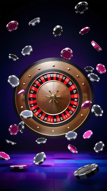 Casino neon background with roulette and poker chips falling premium photo