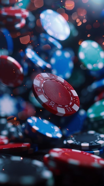 Casino Poker Chips Falling on Black Background