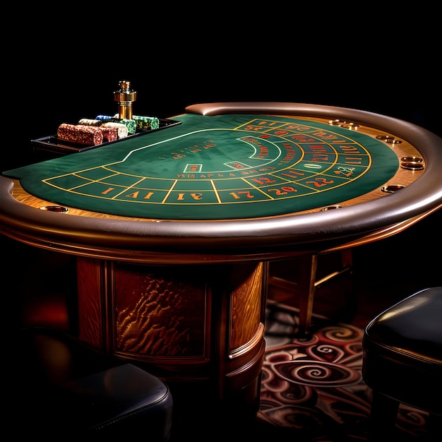 a casino poker table with a green poker table and a black box with a green and gold top