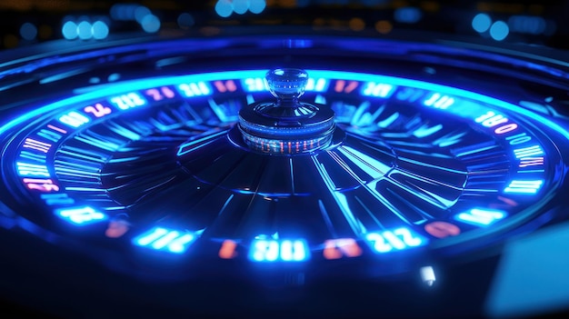 Casino Roulette Wheel Gambling Concept With Neon Blue Lights 3D Illustration