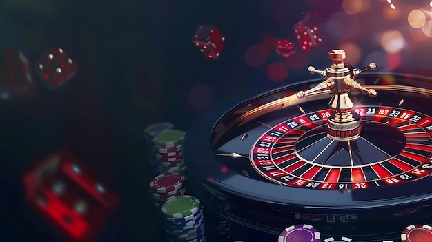 Casino Roulette Wheel with Dice and Chips Gambling and Luck Concept