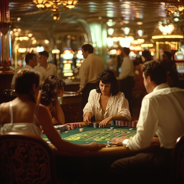 Photo a casino scene with people playing poker and a casino in the background