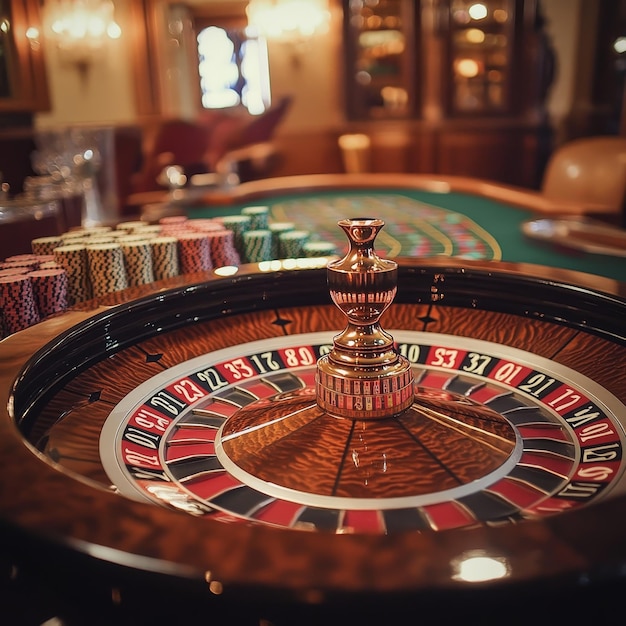 a casino table with poker chips and a casino table