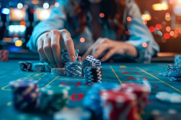 Casino Thrills Player Rolls Dice on Envelope Hand Moves Chips Across Table in Tense Moment