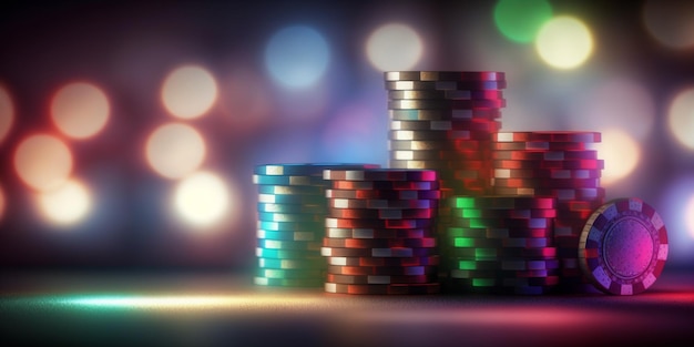 Casino tokens or casino chips stack on table with glitter glow light blur background