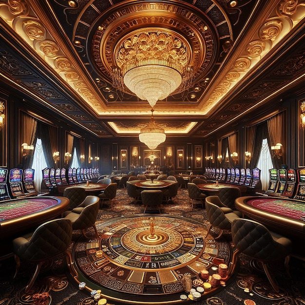 a casino with a casino and a casino table with a large chandelier hanging from the ceiling