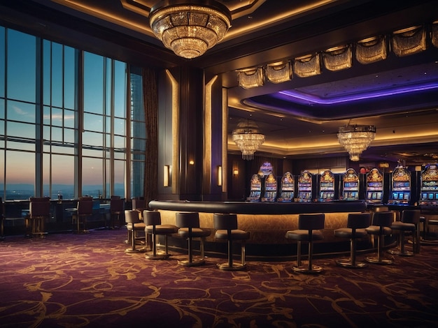 a casino with a casino and a window with a view of the ocean