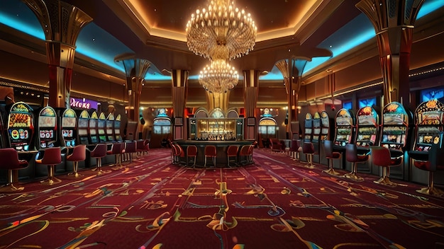 a casino with a chandelier and a chandelier in the center