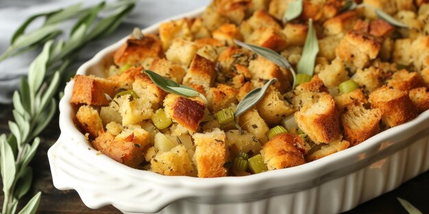 Casserole Dish Filled With Stuffing and Vegetables