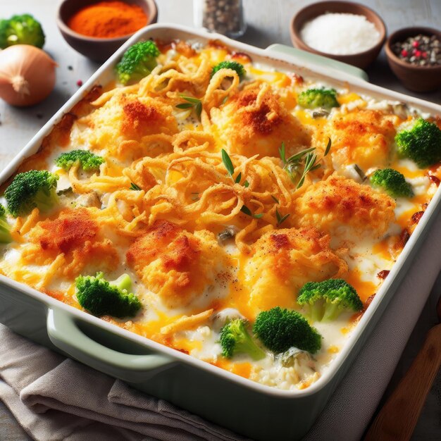 A casserole dish of ovenfried chicken and rice