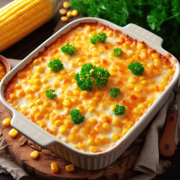 A casserole dish of southern baked corn topped with melted cheese and chopped parsley