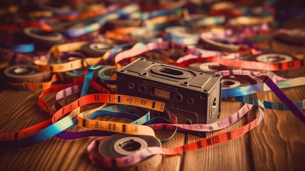 Photo cassette tape on a wooden table with colorful ribbonsai generated image