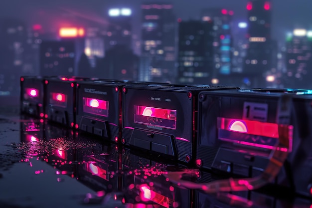 Cassettes illuminated by neon lights reflecting on a surface with a cityscape backdrop