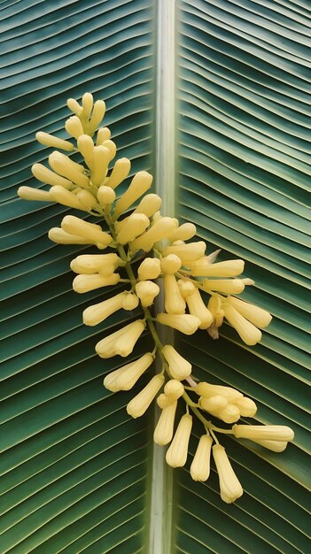 Photo cassia fistula flowers on green banana leaf background